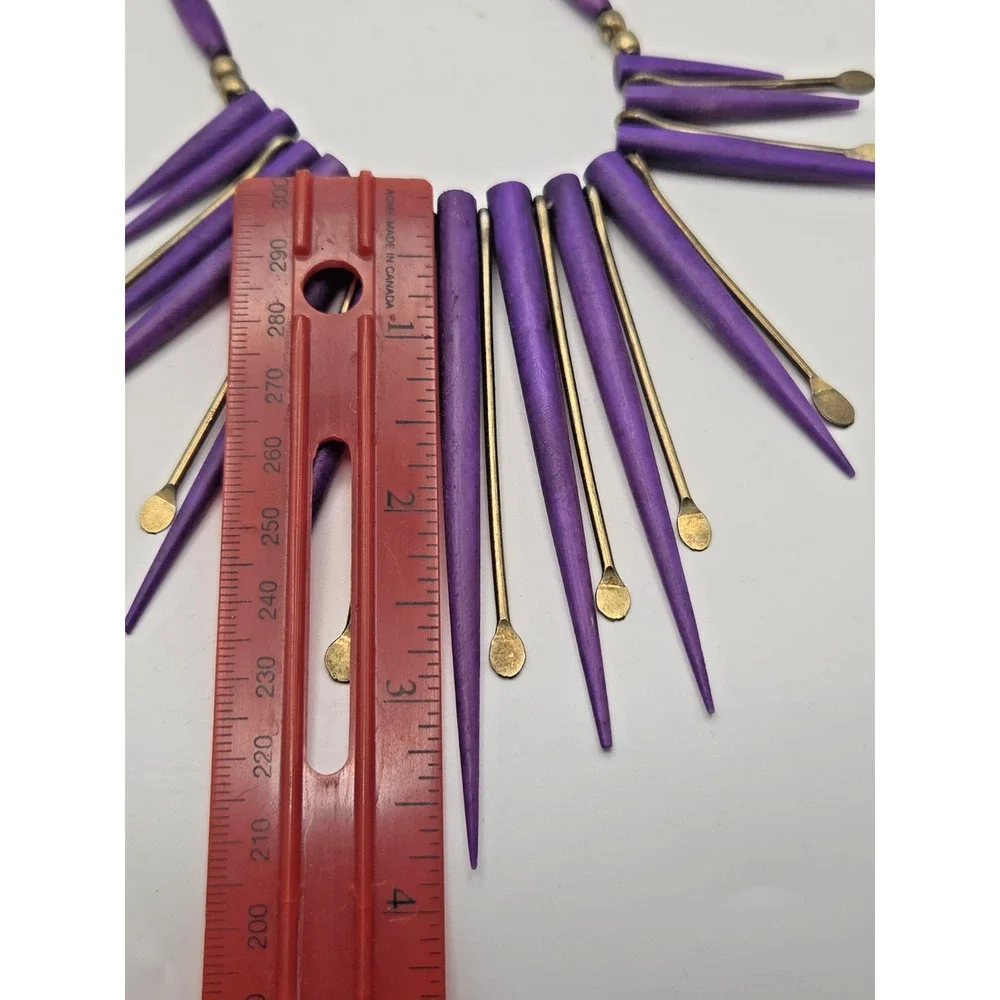 Vintage Purple Spike Fringe Bib Necklace 18” Gold Tone Boho Runway Statement